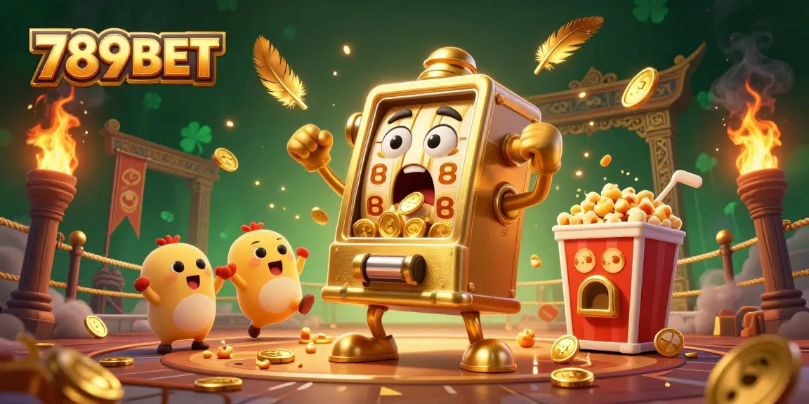 Experience the excitement of 789BET with a golden slot machine hitting a jackpot amidst swirling golden coins and thrilling casino elements.