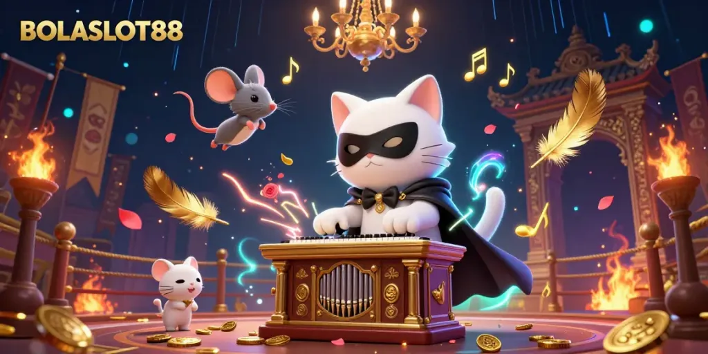 BOLASLOT88 showcases a captivating casino scene with a phantom cat playing organ amidst gold coins and vibrant energy.