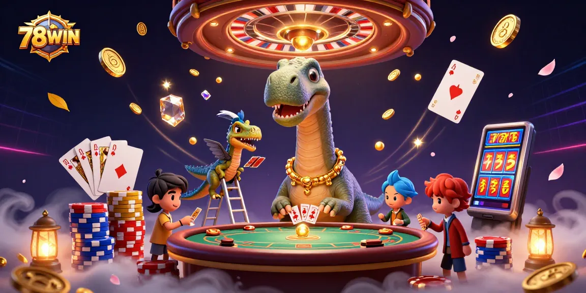 Experience 78WIN’s vibrant 3D casino scene with a towering brontosaurus and exciting gaming elements.