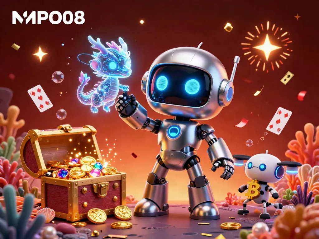 Engage with MPO08's vibrant casino experience featuring a futuristic robot mascot, holographic dragon, and bitcoin drone amidst gold coins and treasures.