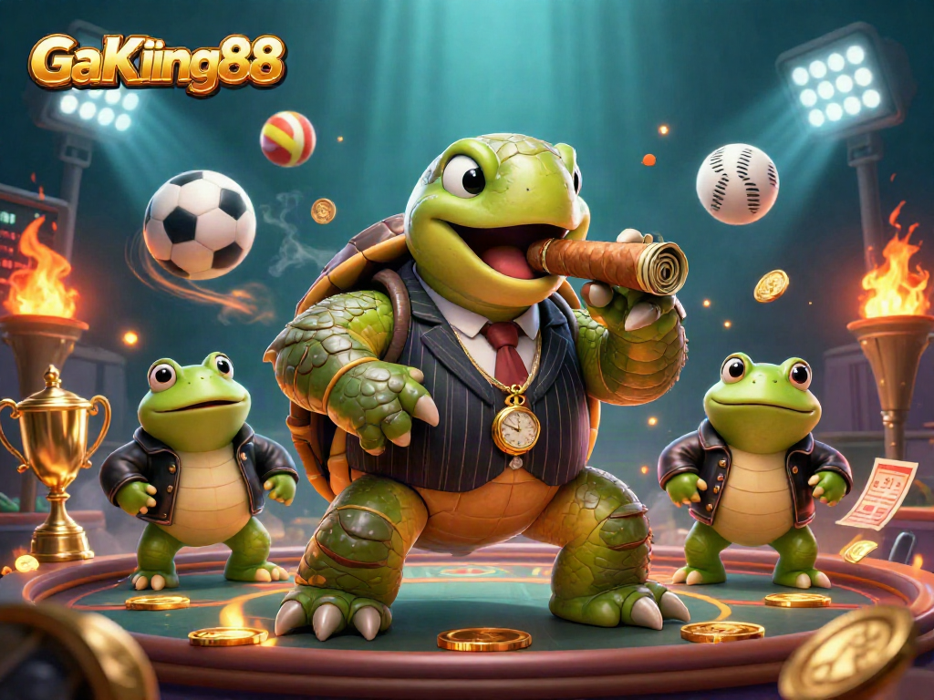 GaKing88 showcases a vibrant casino scene with a snapping turtle and bullfrog enforcers amidst dynamic betting elements.