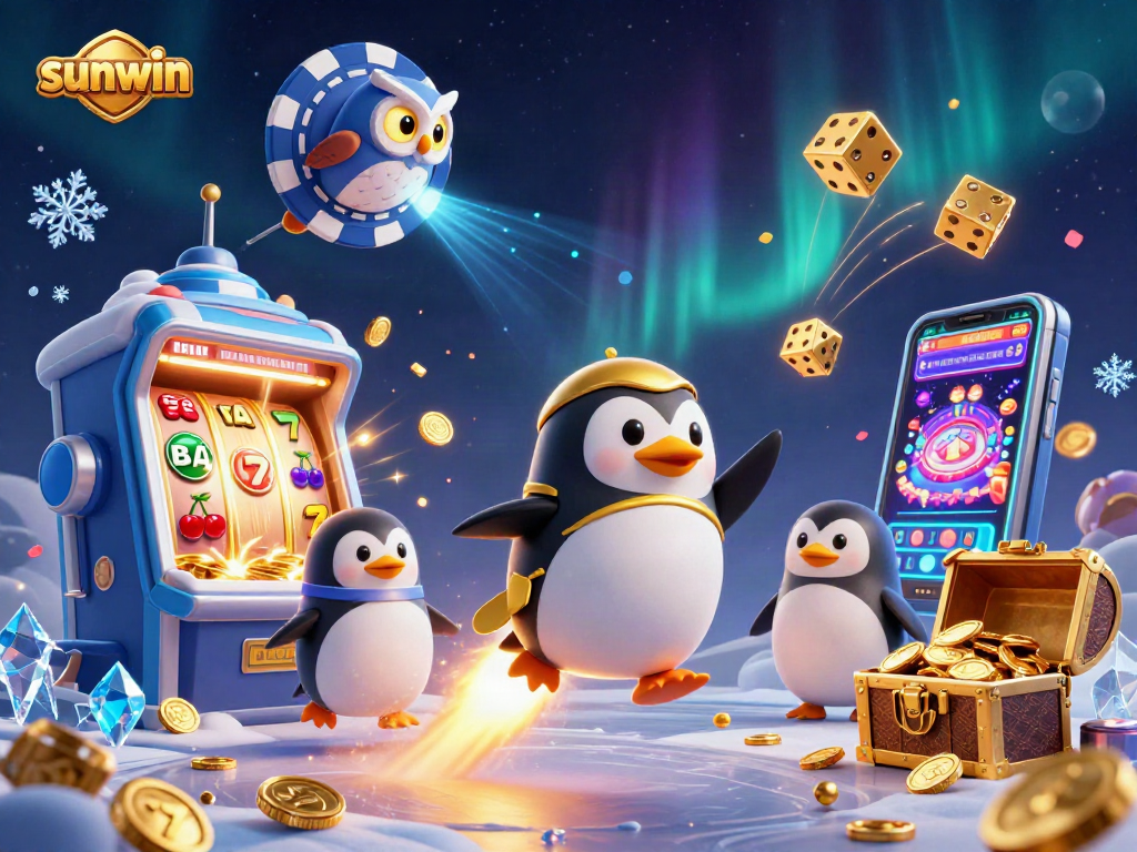 Experience thrilling wins with sunwin's rocket-powered penguin amidst casino excitement!