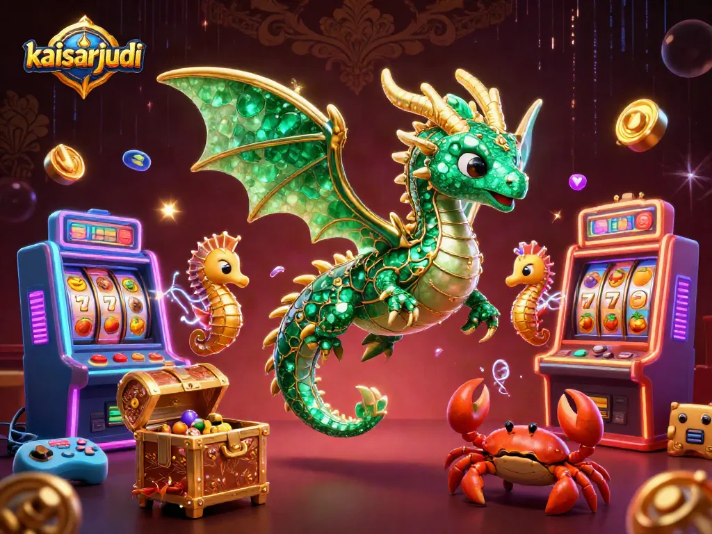 Kaisarjudi showcases an emerald sea dragon amidst vibrant slot machines, capturing the thrill of gaming.