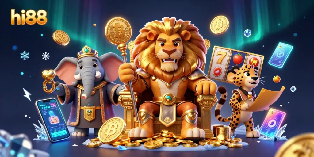 Experience thrilling gaming at hi88 with a vibrant illustration of a regal lion king in a casino adventure.