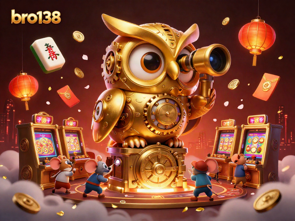Spin in style with bro138's golden owl overseeing a vibrant casino scene.