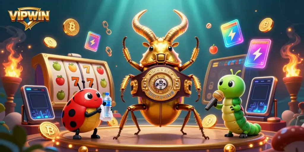 Experience thrilling gaming at VIPWIN with a dynamic casino action scene featuring vibrant characters and slot elements.