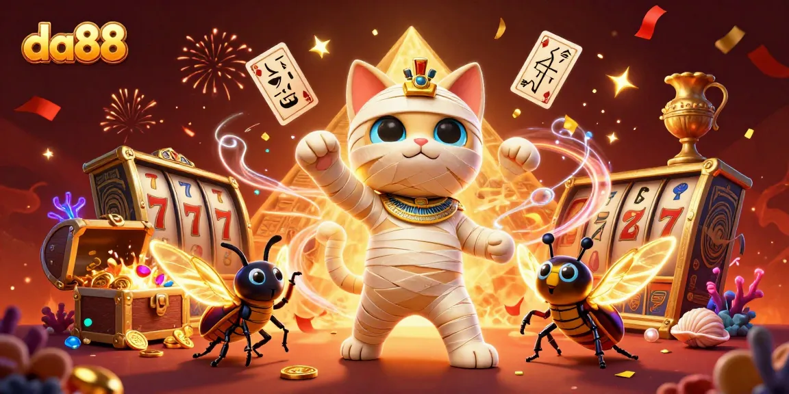Experience the thrill of da88 casino with the Egyptian mummy cat amidst gold and treasures.