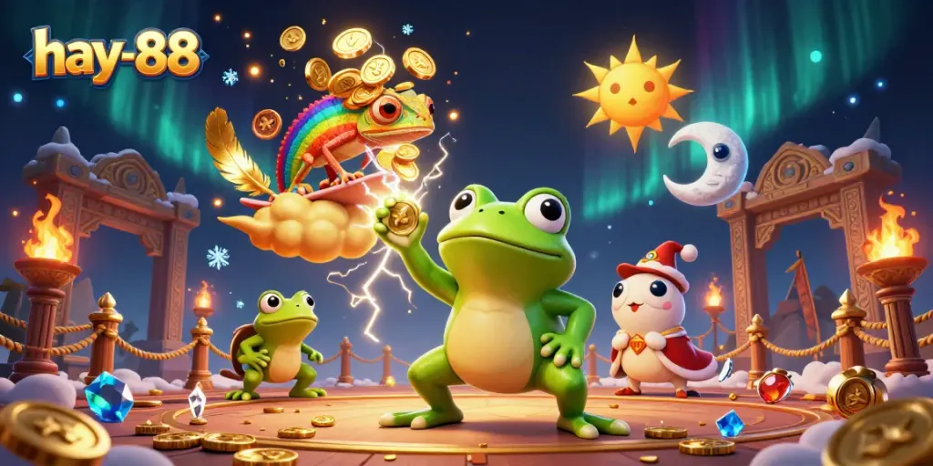 Win big with hay-88's 3D cartoon characters showcasing vibrant casino elements amidst golden coins.