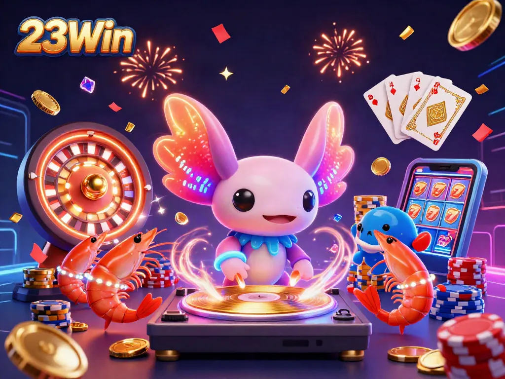 Experience vibrant gaming excitement with 23Win, featuring a DJ axolotl and dynamic casino elements.