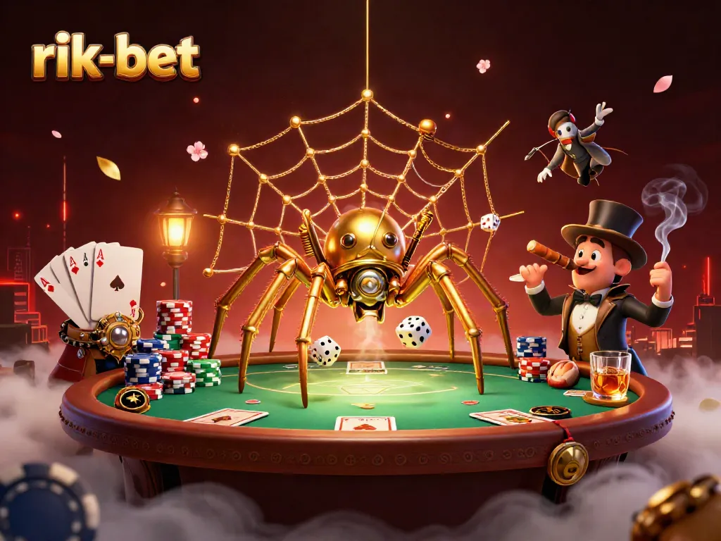 Join the excitement at rik-bet with a golden spider webbing a poker scene bursting with action.