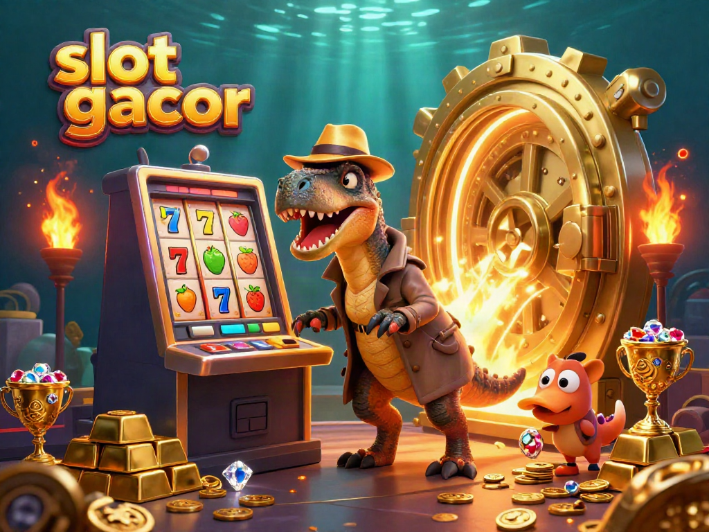 Engage with slot gacor at a lively slot machine scene featuring vibrant characters and dazzling treasures.