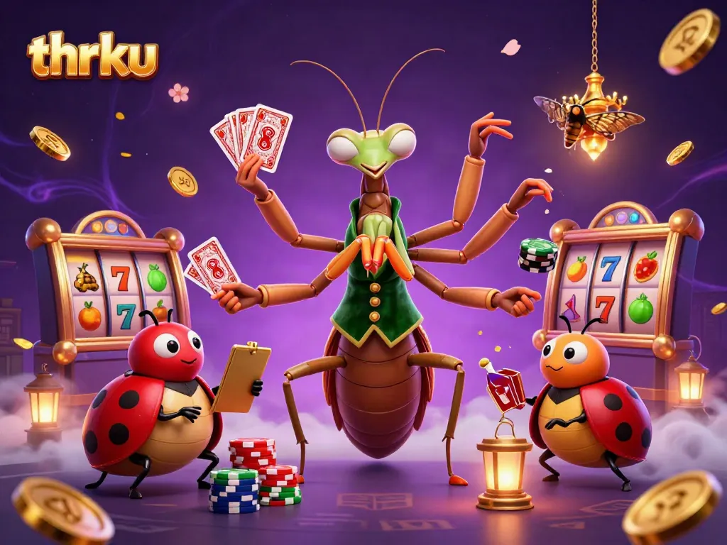 Experience the thrill at thrku with an interactive casino scene featuring a giant praying mantis and vibrant slot elements.