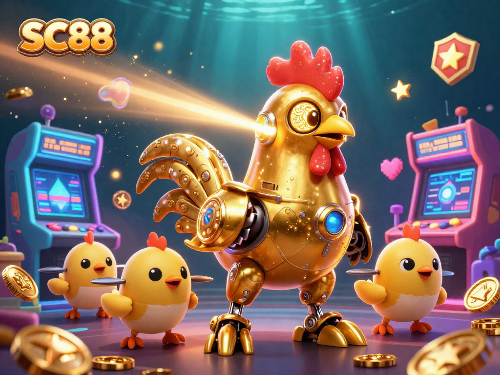 Engage with SC88's thrilling experience, featuring the retro golden rooster robot and arcade elements.