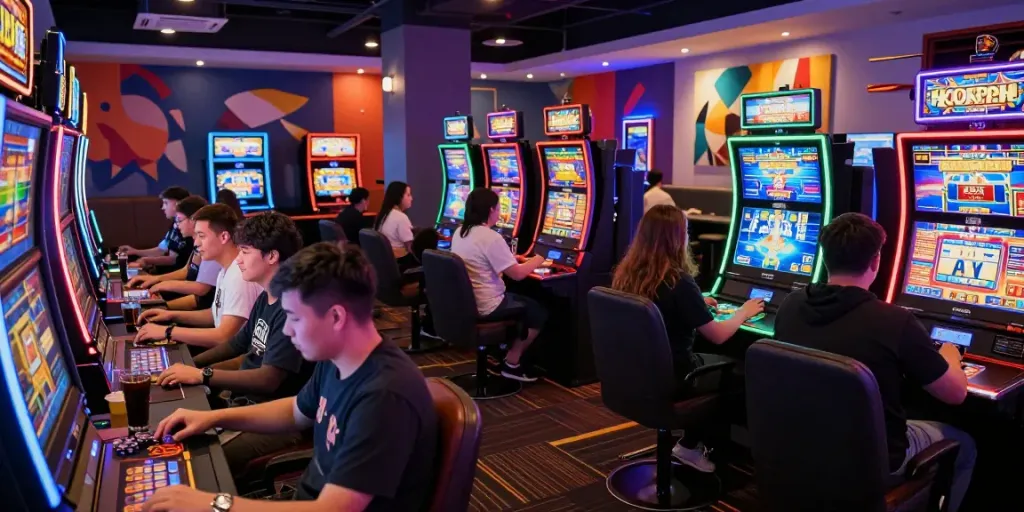 A lively akunjp gaming lounge with players enjoying slot machines and tables, vibrant atmosphere.