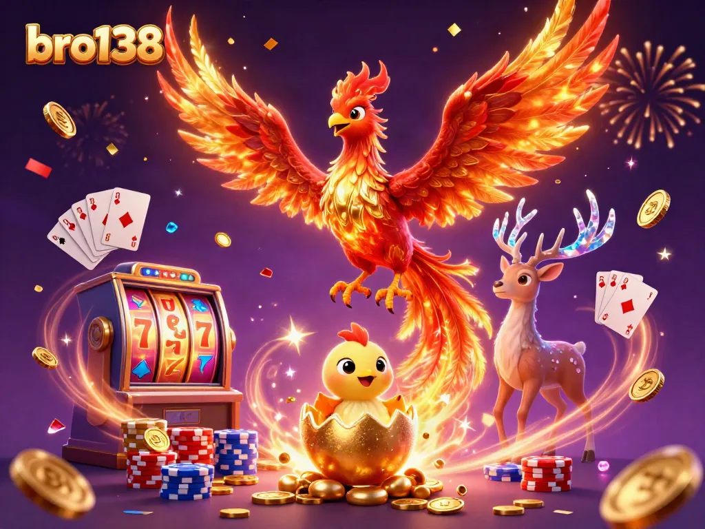 Engage with bro138's golden jackpots and gaming excitement through dynamic 3D art featuring slots and mythical creatures.