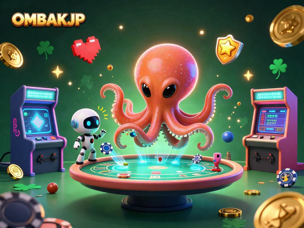 Experience exciting gameplay at OMBAKJP with unique poker table and vibrant casino elements.