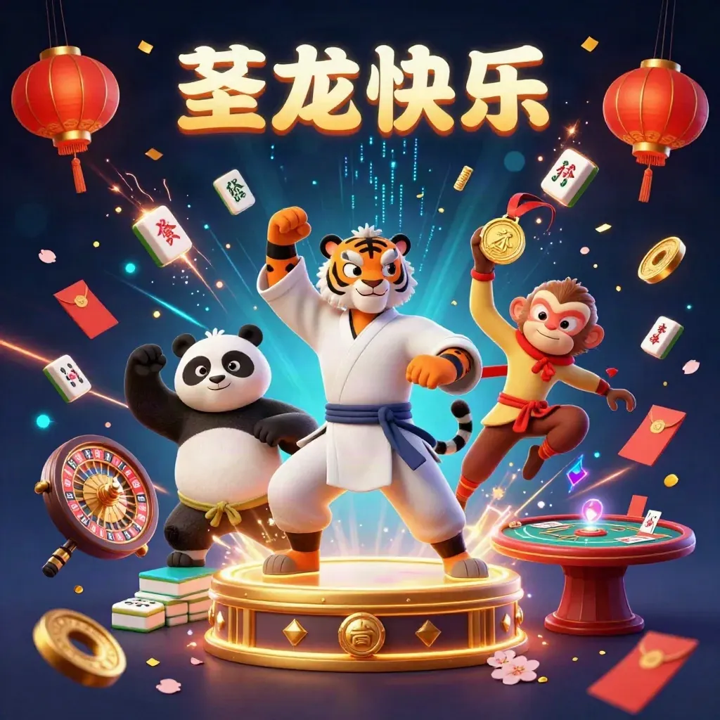 Kung-fu tiger, panda, and monkey in a neon casino treasure burst with glowing game elements