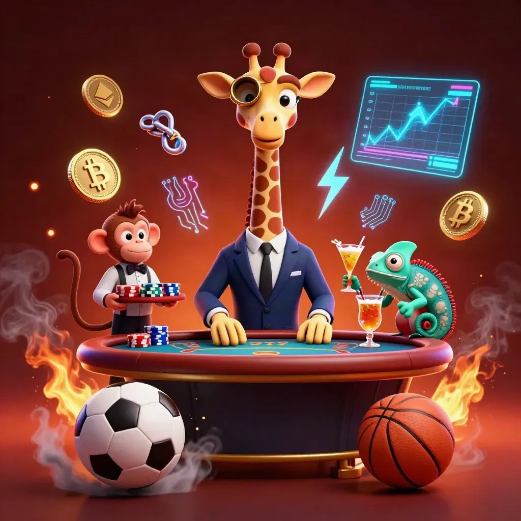 Giraffe, monkey and chameleon in a neon casino sports burst with coins, balls and ember light.