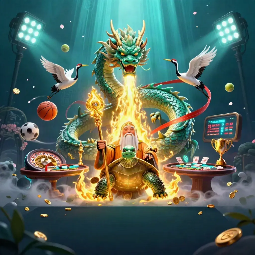 Emerald dragon, turtle sage, and cranes surge amid casino glow, gold fire, mist, and flying sports balls.