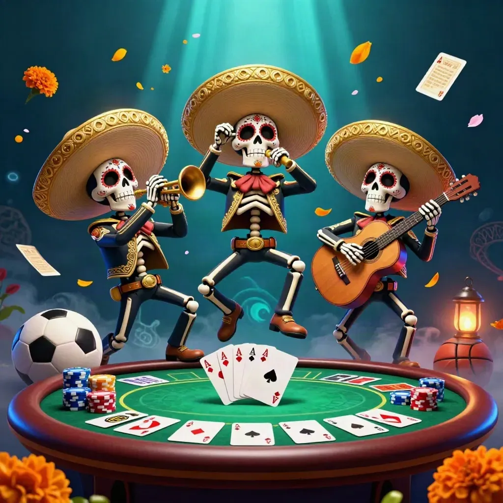Skeleton mariachi trio amid poker chips, cards, soccer and basketball, glowing teal-gold haze.
