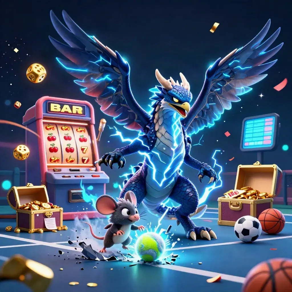 Thunder dragon, hawk, and mouse amid casino symbols on a glowing tennis court