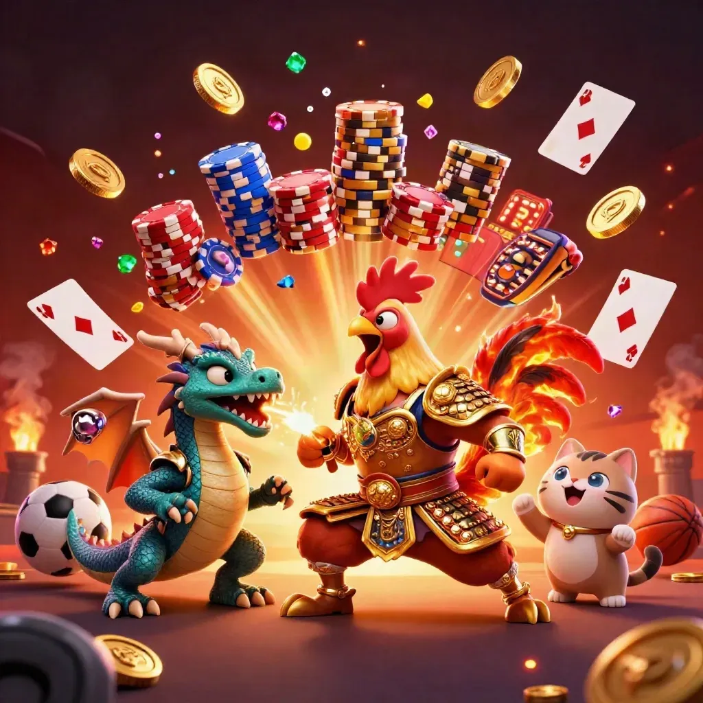 Rooster warrior, dragon hatchling and fortune-cat amid casino chips, coins, roulette wheel and sports props