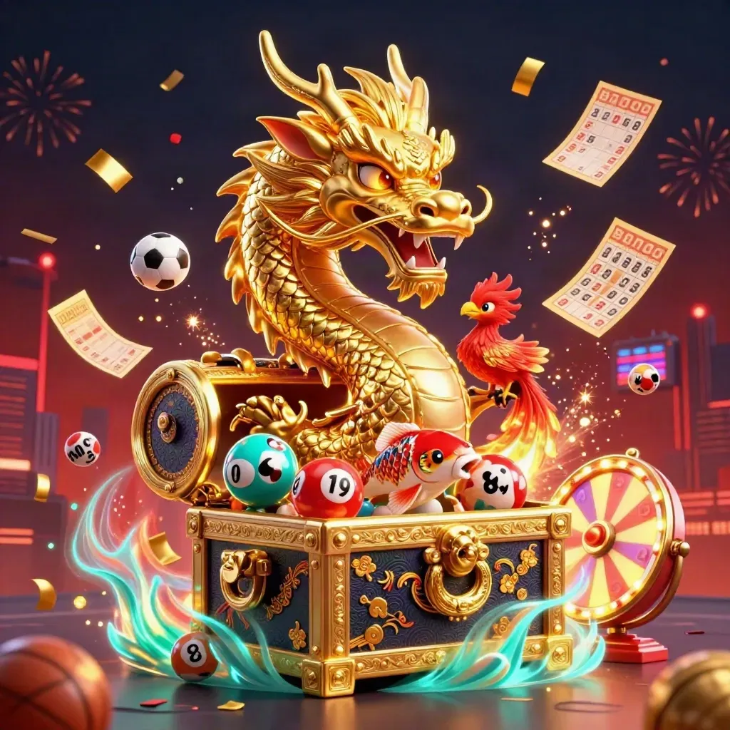 Golden dragon, phoenix and koi amid casino balls, wheel, tickets and sports gear in neon light.