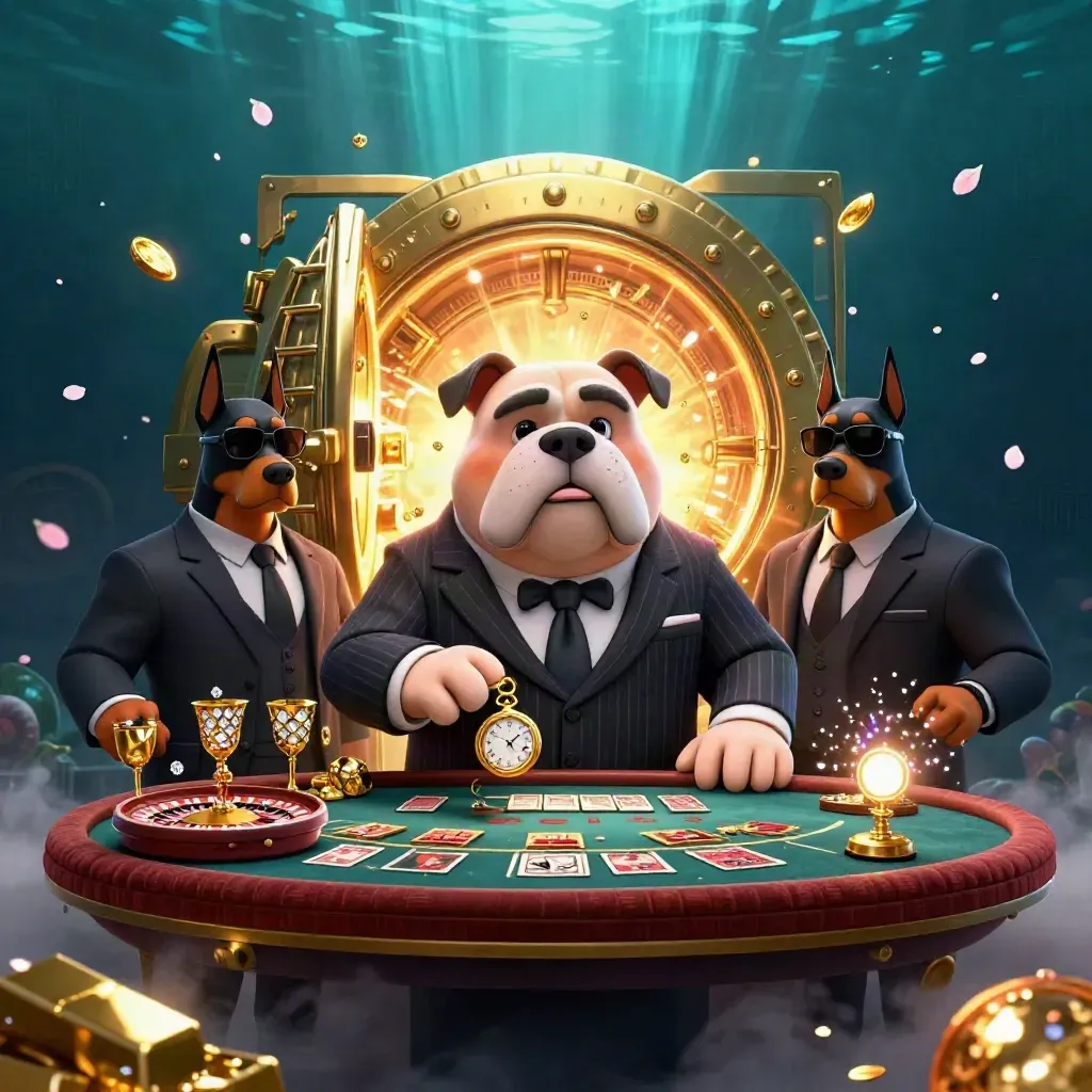 Bulldog boss and two Doberman bodyguards in a gold vault room with jewels and teal-blue casino glow