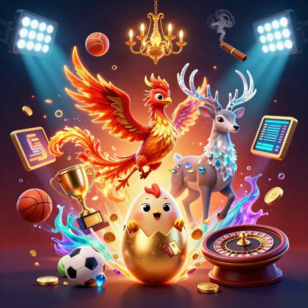 Phoenix, stag, and hatchling amid casino glow, balls, coins, trophy, and roulette wheel.