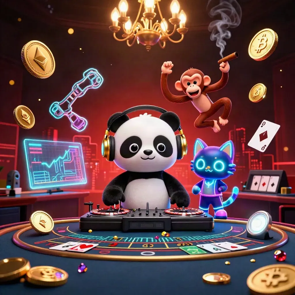 DJ panda, monkey and glow kitten in a neon casino room with coins, cards and skyline glow