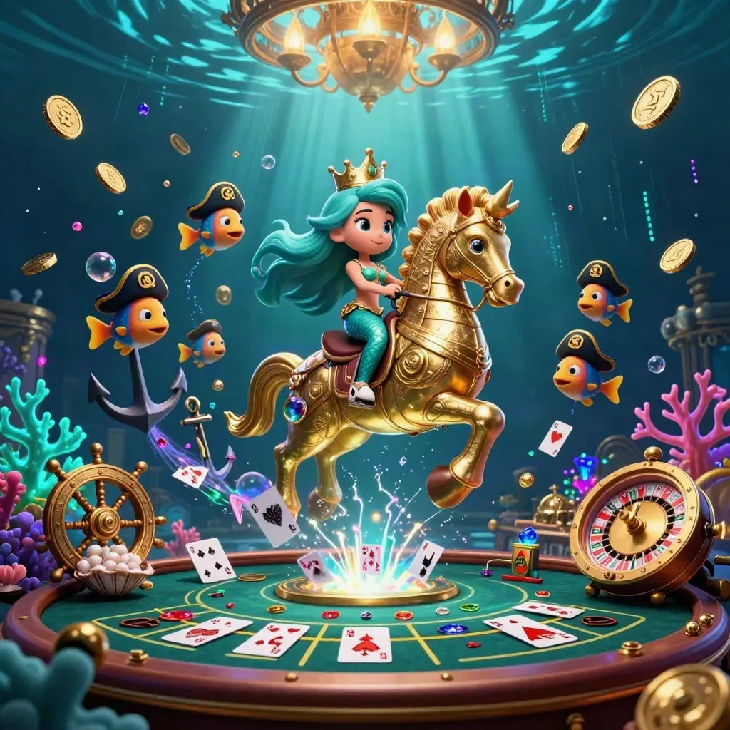 Mermaid princess on a gold seahorse in an underwater casino cove with spinning roulette and fish pirates
