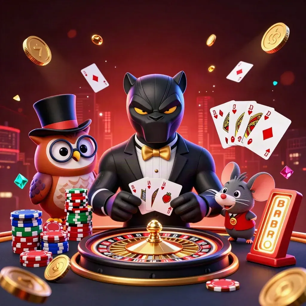 Panther, owl and mouse deal cards amid gold coins, gems and roulette glow