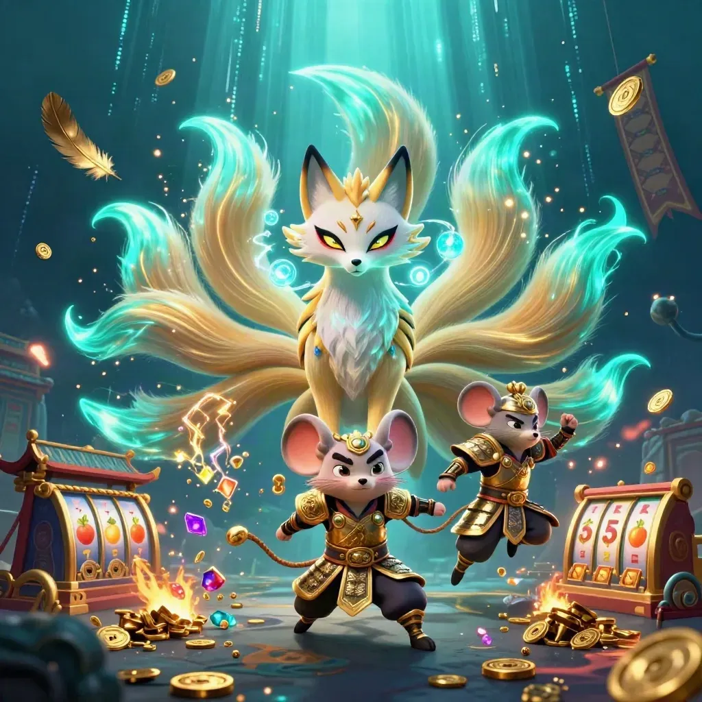 Nine-tailed fox spirit and gold-armored mouse amid teal casino magic and treasure bursts