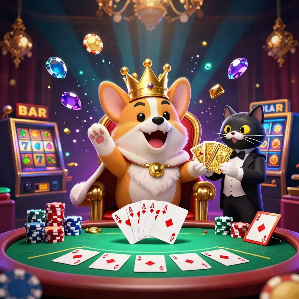 Royal corgi king and cat butler amid exploding casino chips, cards, reels, gems, and teal glow