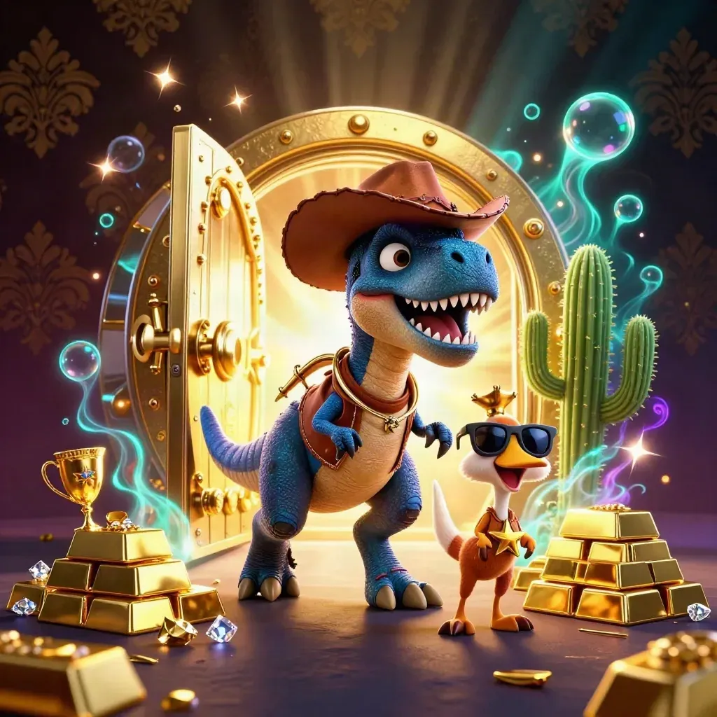 Cowboy T-Rex, cactus sidekick, and sheriff roadrunner burst from a glowing treasure vault.