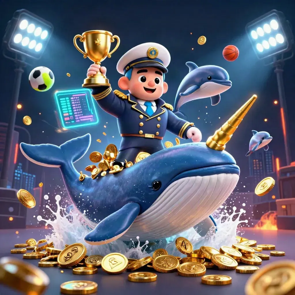 Whale captain, narwhal and dolphins burst through coins with balls, trophy and neon casino glow