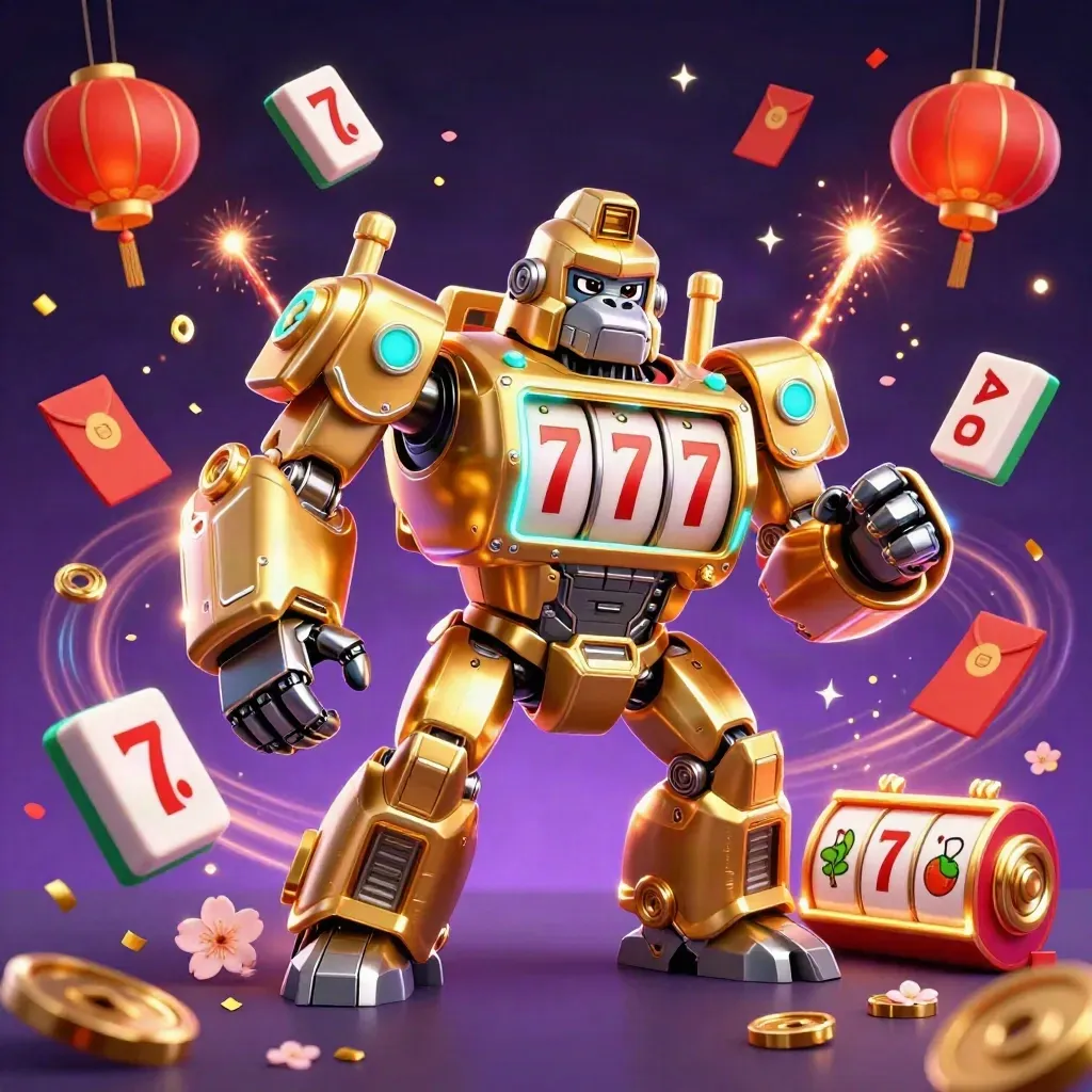 Golden gorilla slot-mech with monkey pilot amid jade coins, lanterns, fireworks and neon gold sparks.