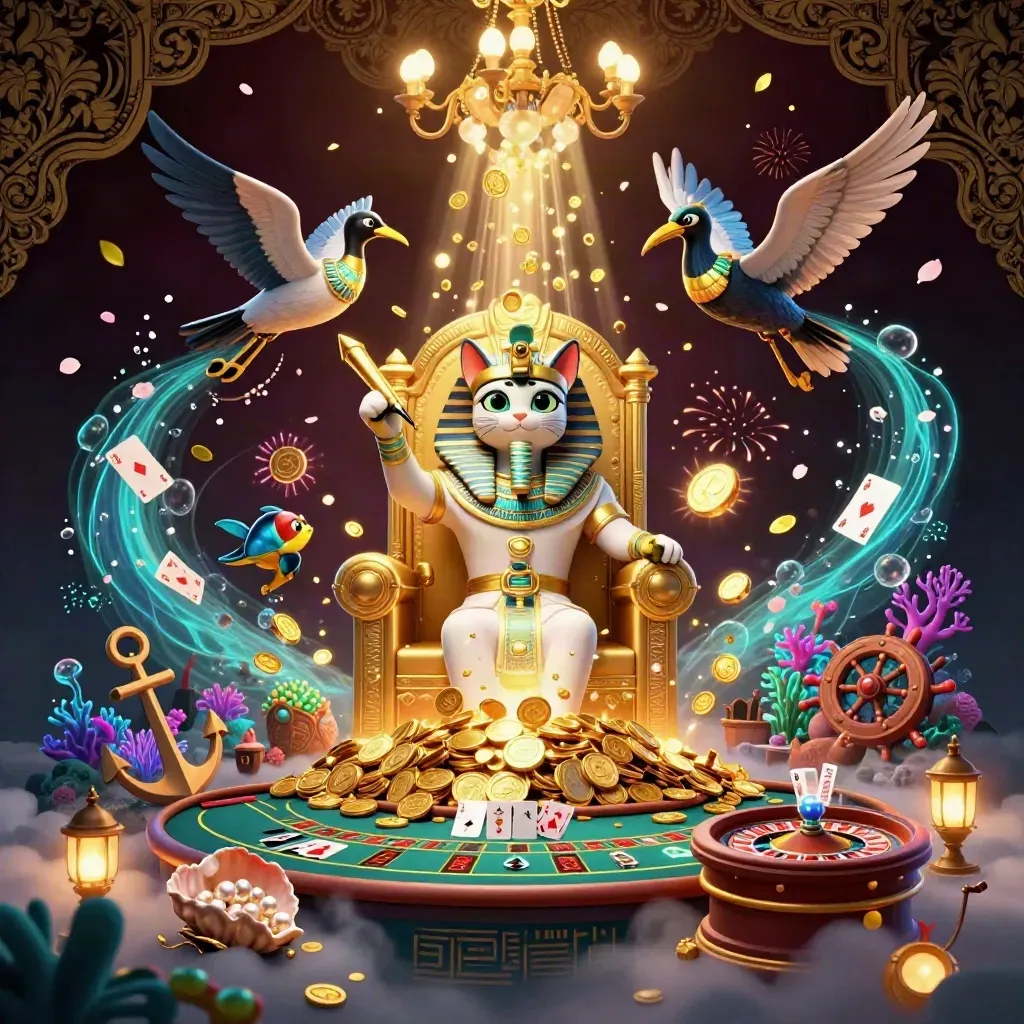 Pharaoh cat and ibis scribe amid casino treasure, coins, coral, cards, and spinning roulette wheel.