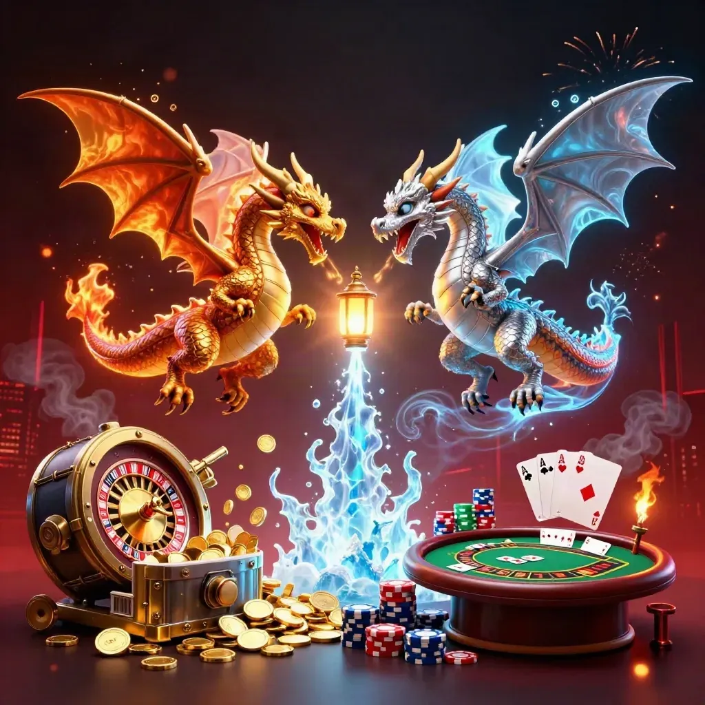 Twin dragons swirl through a bursting vault of coins, chips, cards, and neon casino glow.
