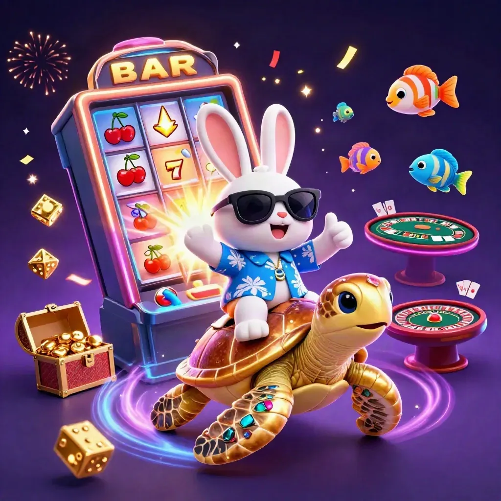 Lucky rabbit on a golden sea turtle amid slot jackpots, coins, fireworks, and casino symbols