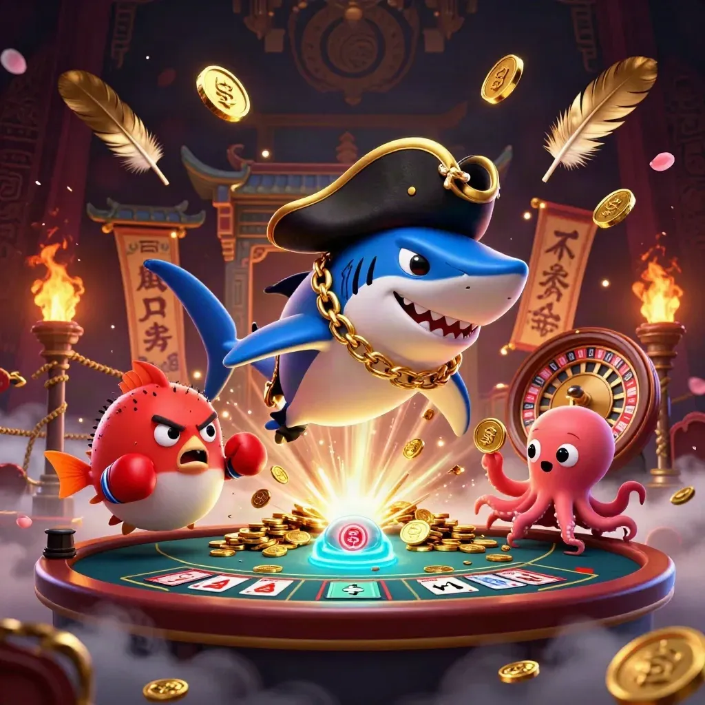 Shark pirate, boxing pufferfish, and coin-juggling octopus amid casino explosions.