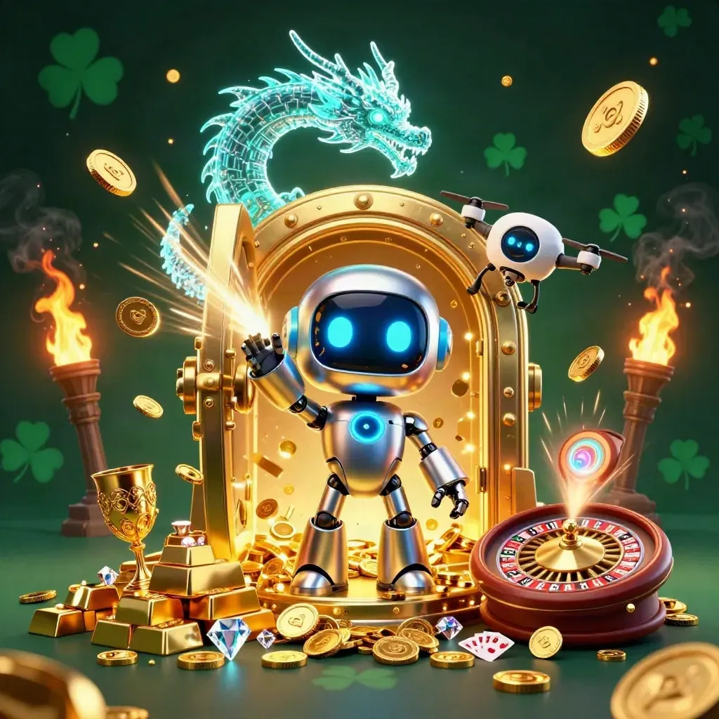 Robot, holographic dragon, and coin drone amid vault blast, coins, gems, and casino props.