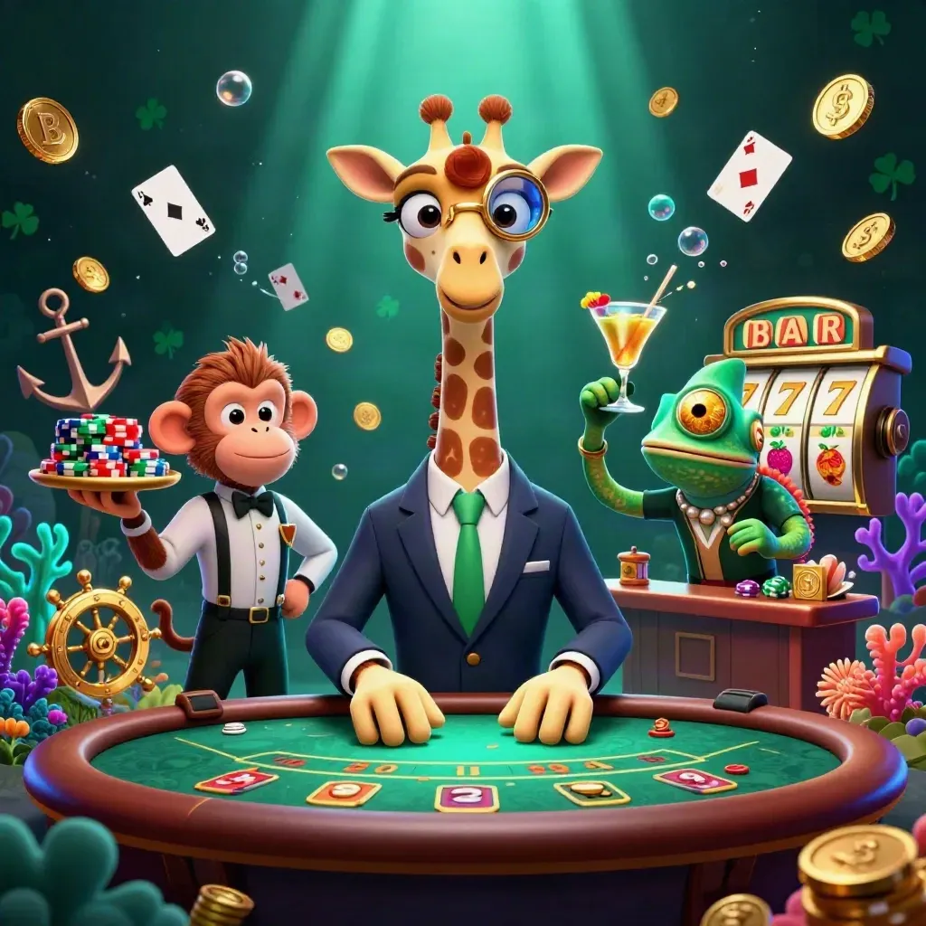 Giraffe, monkey valet, and chameleon bartender in a glowing underwater casino treasure cove.