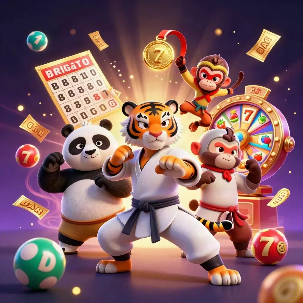 Tiger, panda, and monkey in a neon casino battle scene with spinning reels and golden effects.