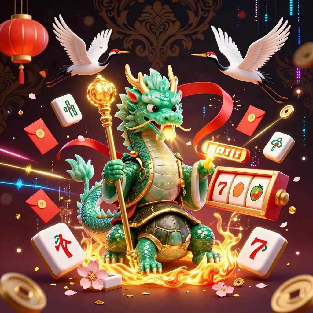 Emerald dragon, turtle sage, and cranes amid casino talismans and neon gold energy