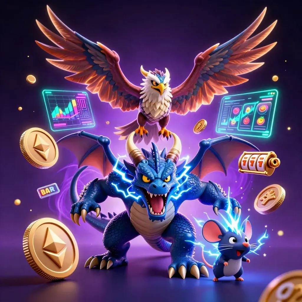 Dragon, hawk, and thunder-mouse amid casino coins, reels, and electric energy on a dark purple background.