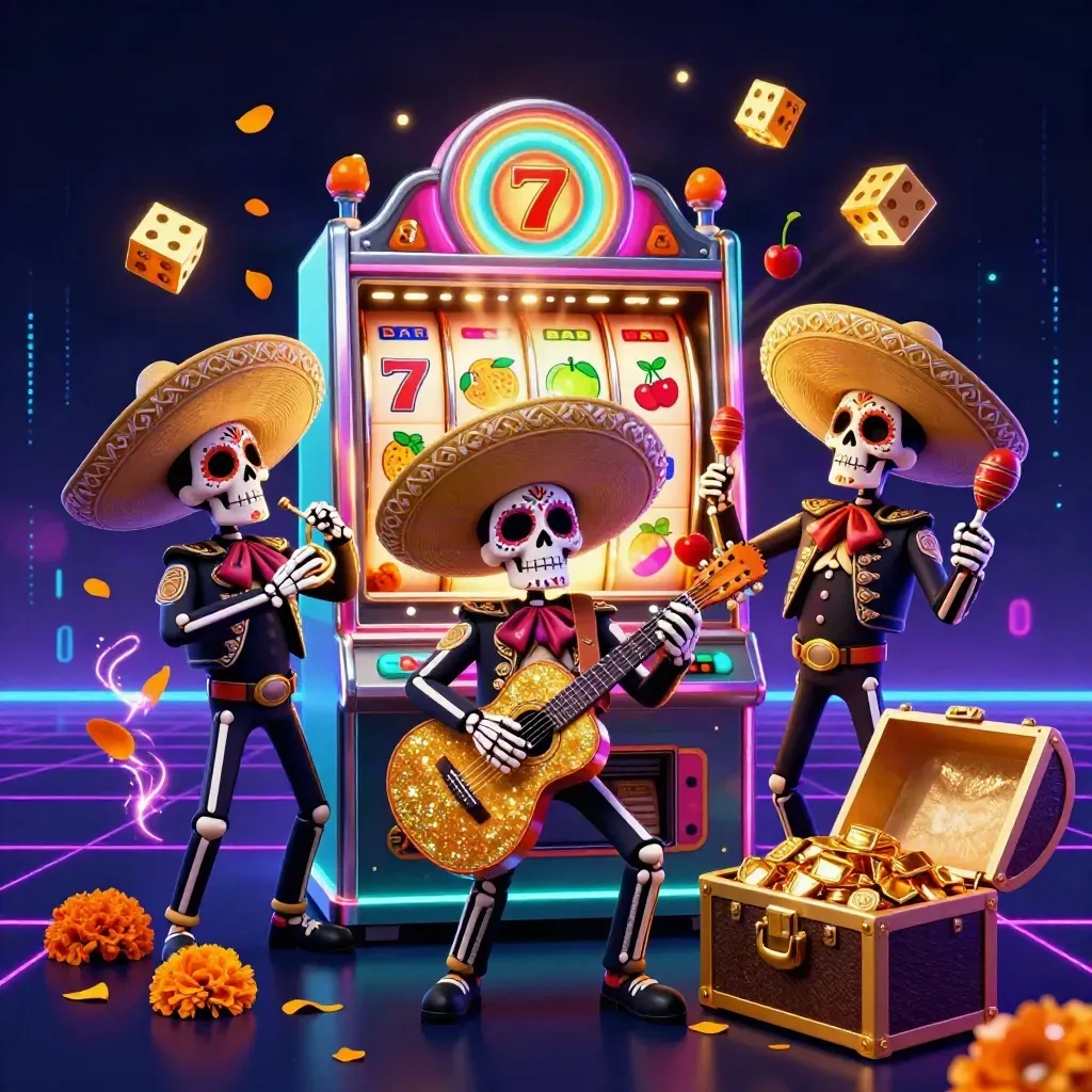Skeleton mariachi trio with exploding slot machine, gold, teal glow, and neon casino effects.