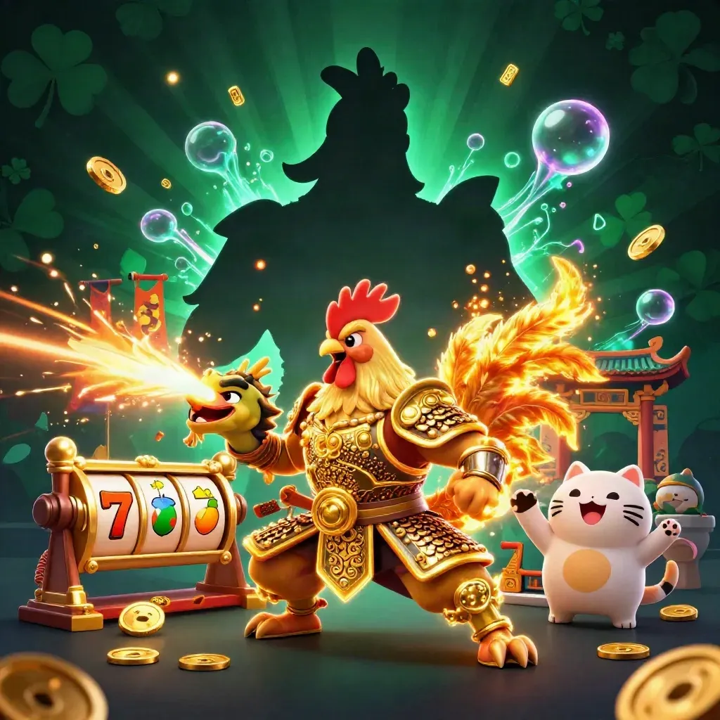Rooster warrior, spark-breathing dragon hatchling, and fortune cat amid casino slot effects