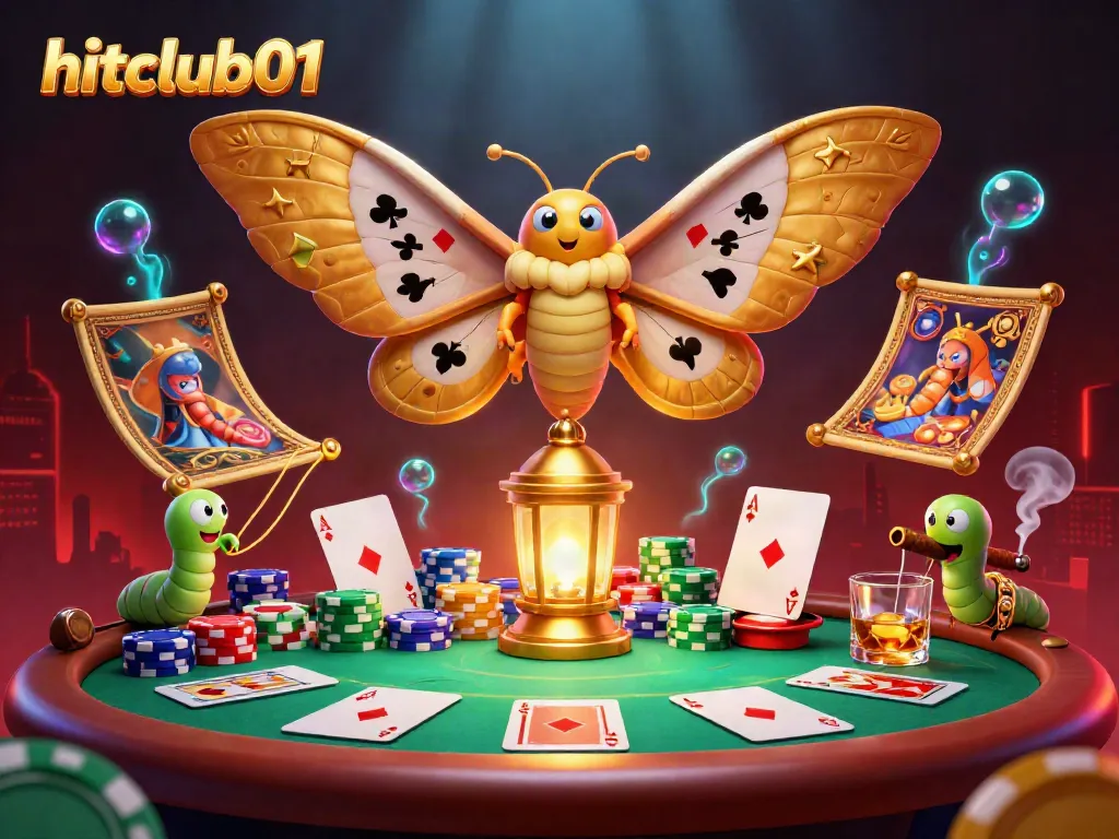 Engage with hitclub01's thrilling casino atmosphere featuring a majestic moth and poker action.