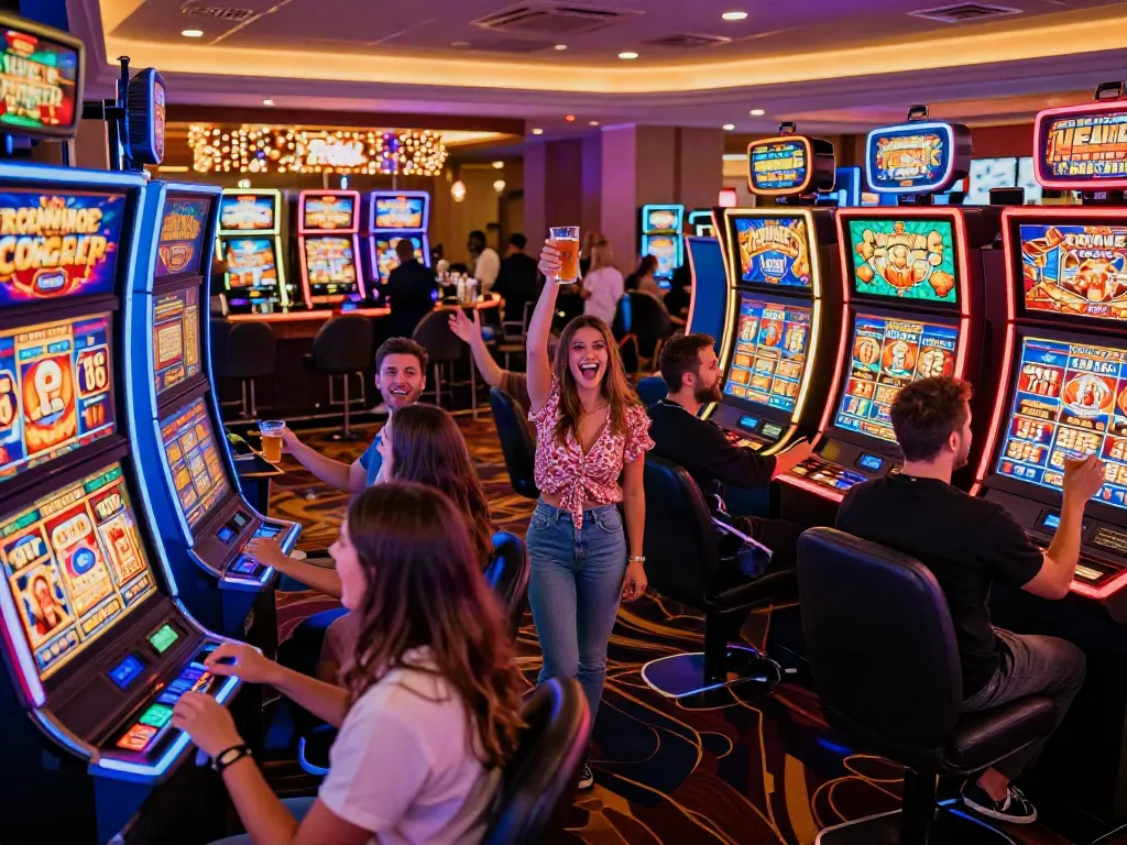 Lucky777 casino scene with players celebrating wins and vibrant neon lights